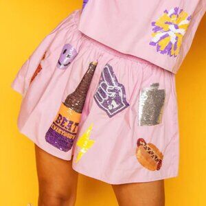 QUEEN OF SPARKLES Pink Shorts with Colorful Embellishments